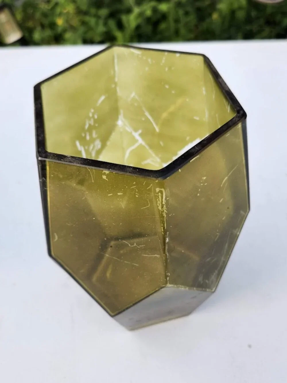 Beautiful Vintage Green Hexagon Vase Terrarium Decor Mid Century Modern Glass Ru